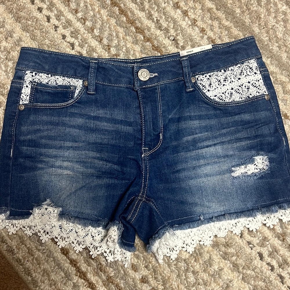 Mudd Girls Blue Denim Crochet Lace Cut-Off Stretchy Short Shorts Size 16 NWT